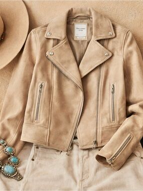 Abercrombie Vegan Suede Moto Jacket Tan NWT Women’s Large Western